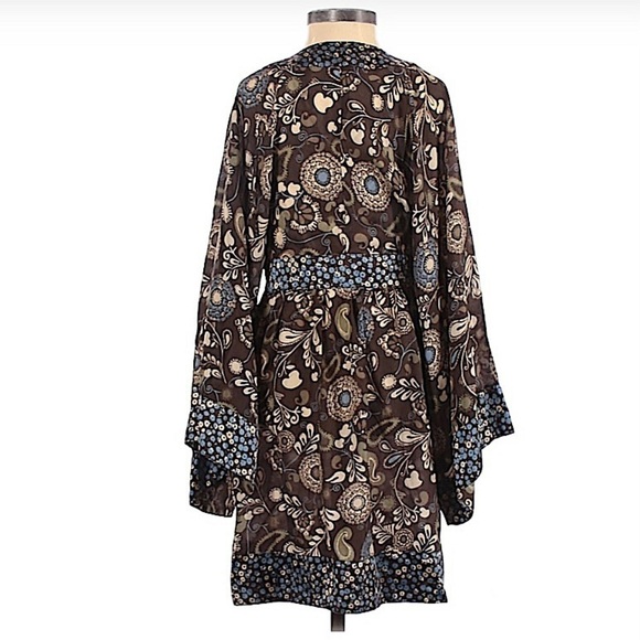 EXPRESS Design Studio Brown and Blue Silk Print Kimono Sleeve Dress Size XS - Picture 2 of 5